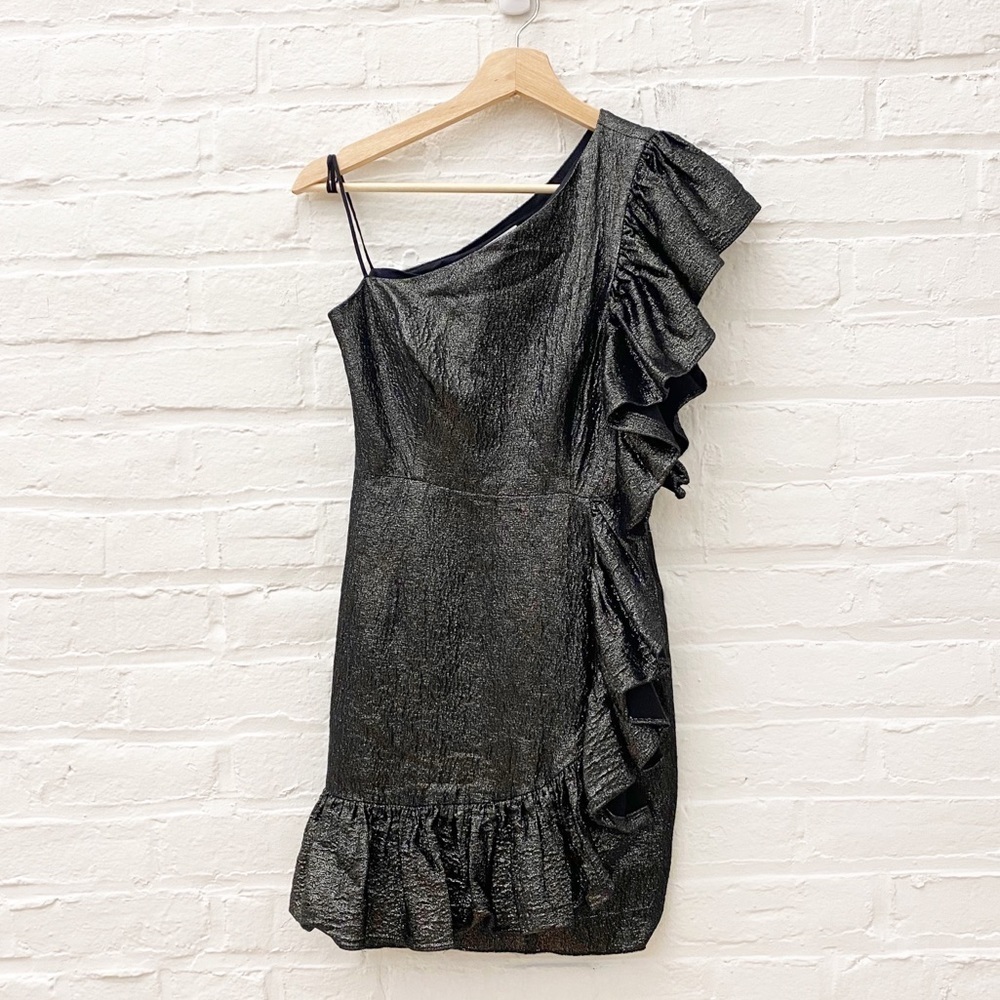 Sandro‎ || Effie Metallic Silver One Shoulder Ruffle Cocktail Mini Dress 1